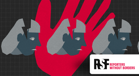 A graphic/icon illustration. Background, a black and gray grid pattern. A large red hand fills most of the graphic. Gray heads appear female and distraught. They are cleaved by lightning shapes. Bottom right: The logo for RSF/Reporters Without Borders. 